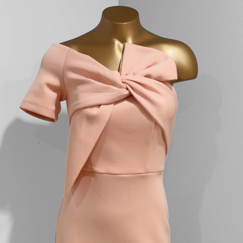 ASOS Design Peach/Pink Bow One Shoulder Scuba Formal Midi Dress Size 2 - Picture 5 of 7